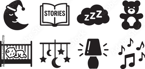 Baby bedtime icons sleeping moon stories book cloud teddy bear crib mobile lamp.