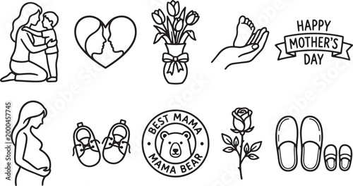 Happy mothers day outline icon set with flowers mama bear seal baby shoes and pregnant woman silhouette.