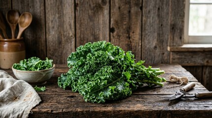 Fresh green kale on a rustic wooden surface with barn wood background, healthy leafy vegetable, natural farm-to-table styling, no logos