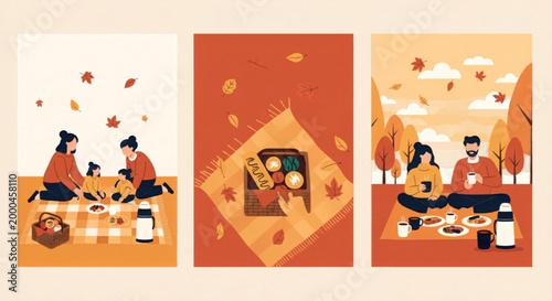 Autumn picnic vector illustration set, cozy family outdoor dining posters, fall season park activities with falling leaves and warm food isolated PNG with Transparent Background