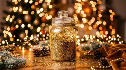 Glass jar filled with gold glitter and dust surrounded by bokeh lights, sparkling festive still life with luxury glow, no logos