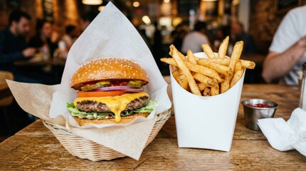 Fast-food cheeseburger and fries order, classic quick meal with golden fries and cheesy burger appeal, realistic food detail, no logos