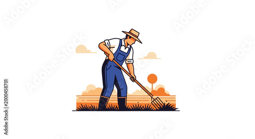 Farmer Working in Field Vector Illustration