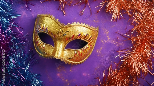 Golden Carnival Mask on Purple Festive Background