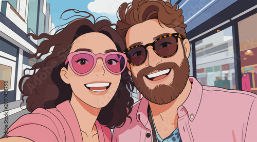 Happy couple taking selfie on downtown shopping street