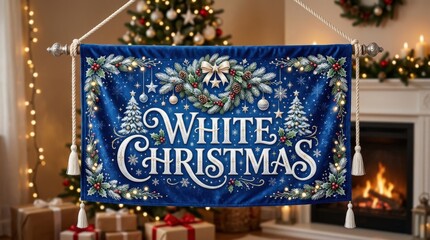 White Christmas letters with holiday symbols on blue background, creative festive banner design, elegant seasonal composition, realistic detail, no logos
