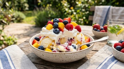 Fresh fruit ice cream with berries mango and whipped cream, colorful summer dessert with creamy texture and bright toppings, appetizing light, realistic food detail, no logos