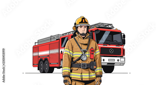 Firefighter in Front of Fire Truck Vector Illustration