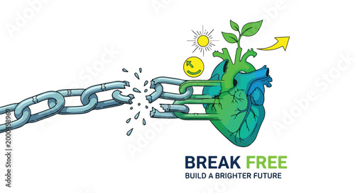 Illustration of a green heart breaking free from metal chains with a sprouting plant and sunshine, symbolizing freedom and growth.