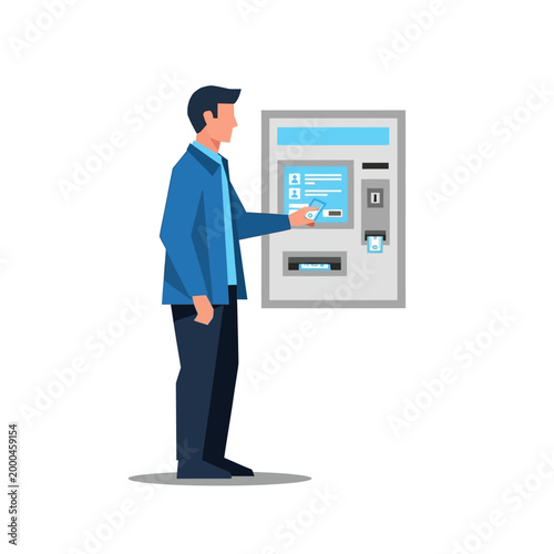 Man using smartphone at ATM for banking transaction, modern financial technology concept