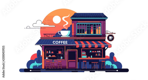 Flat Vector Illustration of a Coffee Shop Storefront