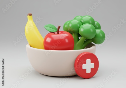 3d bowl of fresh fruit and vegetables with red medical cross 3d isolated on neutral grey studio background