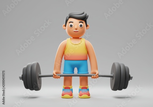 3d cartoon male athlete character lifting heavy barbell weights for strength training and muscle building 3d