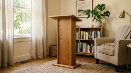 Empty wooden podium in home interior, clean product display scene with warm residential atmosphere, soft natural light, realistic detail, no logos