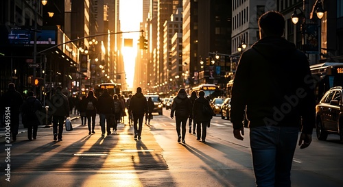 Crowd of People Walking on Busy City Street at Golden Sunset