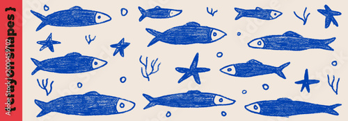 Whimsical fish crayon doodle for kids design. Naive blue sardine and anchovy silhouette with hand drawn starfish. Childish vector set with kindergarten whimsical charm isolated on beige background.