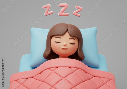 3d of a cute cartoon girl sleeping peacefully in bed with zzz symbols floating above her head 3d