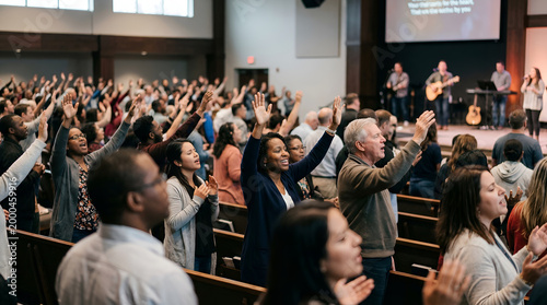 People raising their hands during a Christian worship service in church, a faithful crowd singing with arms up to God, a contemporary gospel concert, a religious gathering.