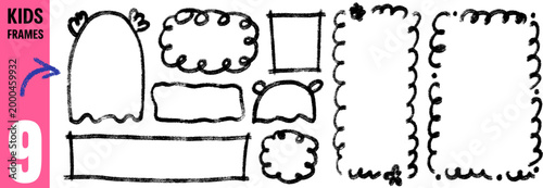 Kid crayon charcoal frame with chalk pencil and photo box shape set. Hand drawn frames on white for kindergarten fun kid text. Quirky vector shaky border with funky scribble brush isolated on white bg