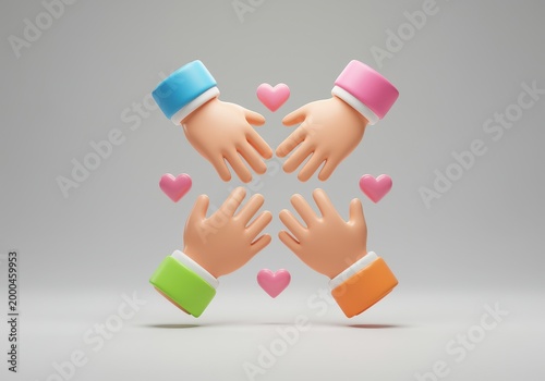 3d of four hands reaching towards the center with floating pink hearts representing unity 3d