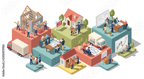 Isometric Community Hub with Buildings and People