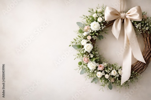 Elegant floral wreath with soft pink and white roses and a satin bow
