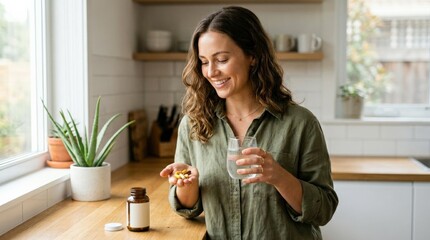 Female holding vitamin capsules and glass of water, daily supplement and healthcare routine concept with wellness and vitality lifestyle focus, realistic detail, no logos
