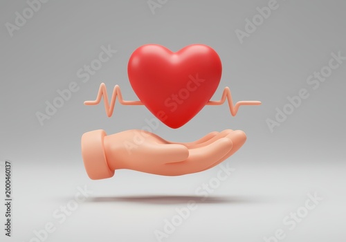 3d render of a cartoon hand holding a red heart with a floating ekg heartbeat line on neutral gray 3d background