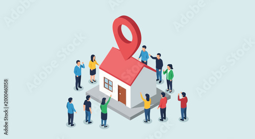 Isometric Vector Illustration of House with Location Pin and People