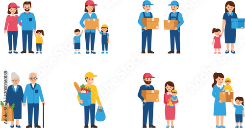 Cute Cartoon Delivery Workers and Family Characters Collection Set with Boxes Groceries and Kids Flat Style Vector Illustration on White Background