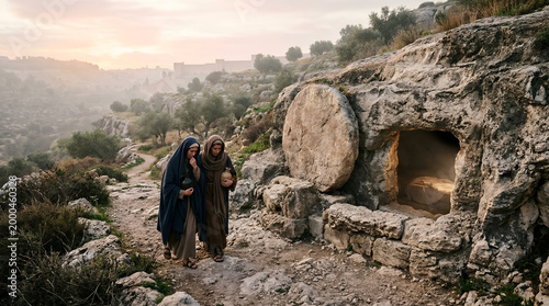 Two women walk toward the open tomb of Christ, Myrrhbearers mourning the crucifixion and resurrection on Easter, Biblical event.
