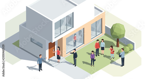 Isometric Vector Illustration of Modern Residential Building with People