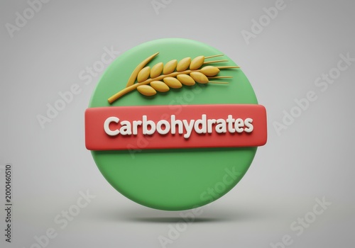 3d rendered carbohydrates featuring a golden wheat stalk on a green circle with a red label for nutrition 3d