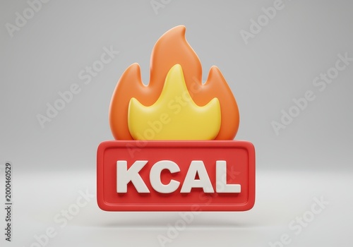 3d rendered kcal calorie with a stylized fire flame symbol on a red label against a neutral gray backdrop 3d
