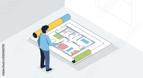 Isometric Vector Illustration of Person Reviewing Blueprint