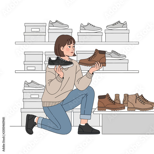Woman choosing shoes in a store, footwear selection, shopping concept
