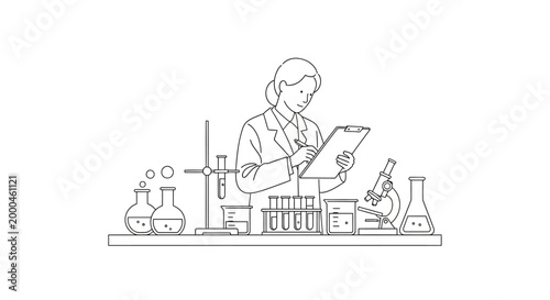 line art scientist in lab with equipment