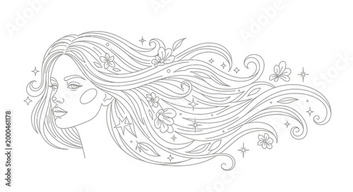line art vector illustration of woman with floral hair