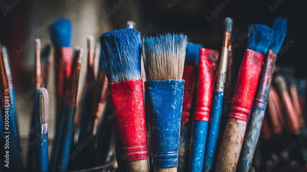 Fototapeta premium Painter workstation brushes colorful messy creative process art tools studio background paint handles blue red design workspace texture artistic concept interior