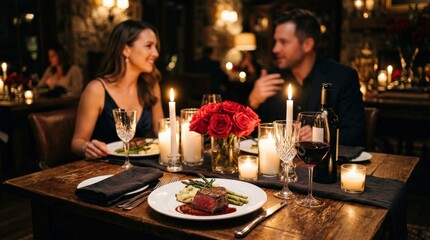 Romantic steak dinner with red wine and roses by candlelight, intimate dining setup with elegant meal and luxurious mood, warm glow, refined table styling, realistic evening photography, no logos