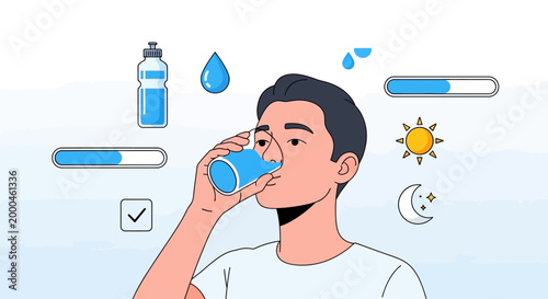 man drinking water with hydration icons vector illustration
