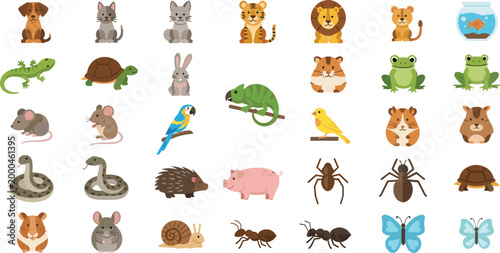 Cute Cartoon Pet and Small Animals Collection Set with Dog Cat Rabbit Snake Frog Parrot Hamster Butterfly and More on White Background