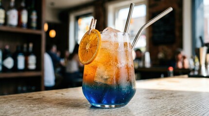 Vibrant orange and blue cocktail with ice and bubbles, colorful mixed drink concept with refreshing sparkle and bold modern presentation, realistic detail, no logos