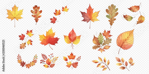 Autumn leaves watercolor collection with various fall foliage designs and vibrant seasonal colors.