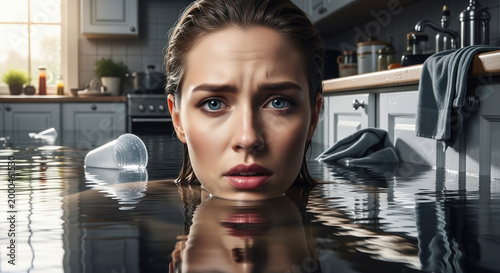 Woman in a flooded kitchen expressing concern while standing in water against a home interior backdrop