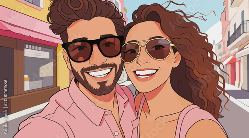Happy couple taking selfie on sunny european street