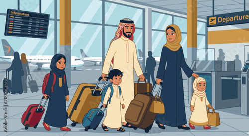 Saudi family traveling in an international airport with suitcases
