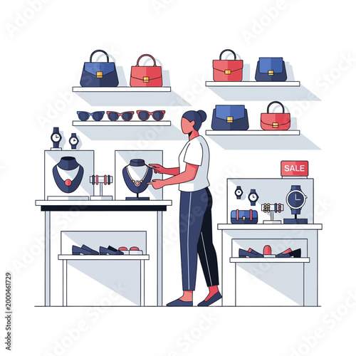 Woman Shopping for Jewelry and Accessories in a Modern Boutique Store