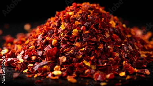 Vibrant pile of crushed red chili peppers with rich, fiery colors showcasing texture and intensity of dried spice against dark background
