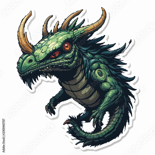 A fierce green dragon illustration with sharp teeth, horns, and a detailed scaled texture, ready to fight.